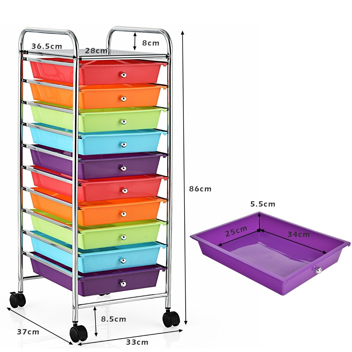 Coast Trolley Badkamerdrol Container Zijdige trolleys met 10 laden 33 x 37 x 86 cm rood + paars