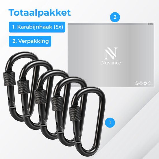 Nuvance Karabijnhaak - 5 stuks - Karabijnhaak Sleutelhanger - 77mm - Musketonhaak - Carabiner
