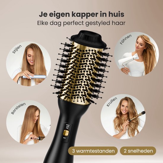 Auronic 4-in-1 Föhnborstel - Airstyler - Kammen - Stijlen - Krullen - Föhnen - 37 mm Krulborstel - 360 Graden Airflow - Zwart/Goud