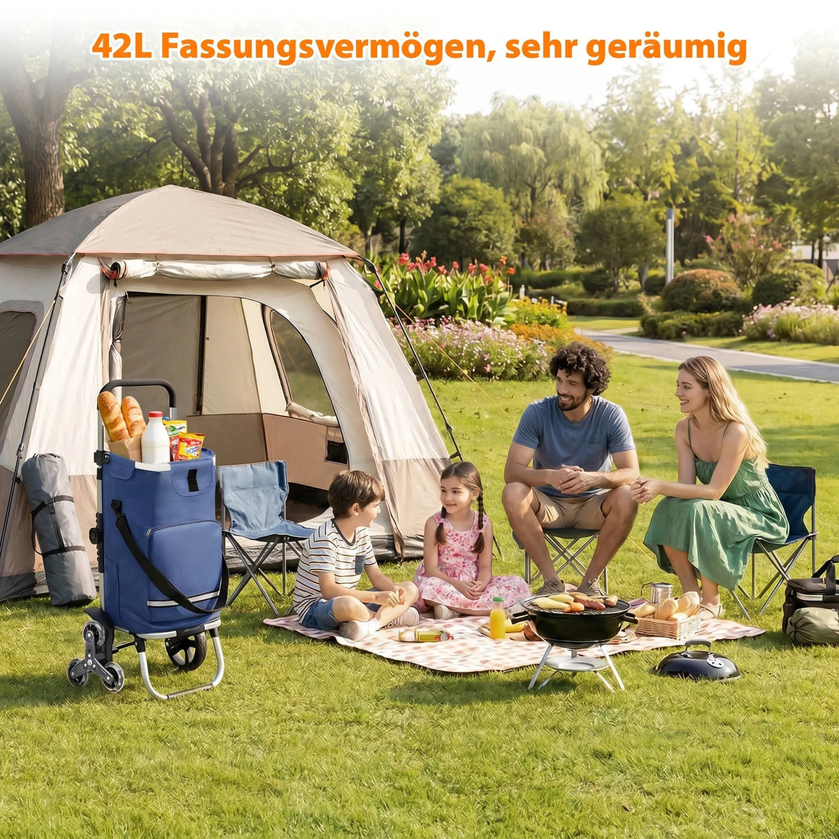 Opvouwbare Boodschappentrolley Traploper 60 L - 3-in-1 met Koelvak en 6 Wielen - Aluminium Frame - Blauw - 36 x 42 x 98 cm