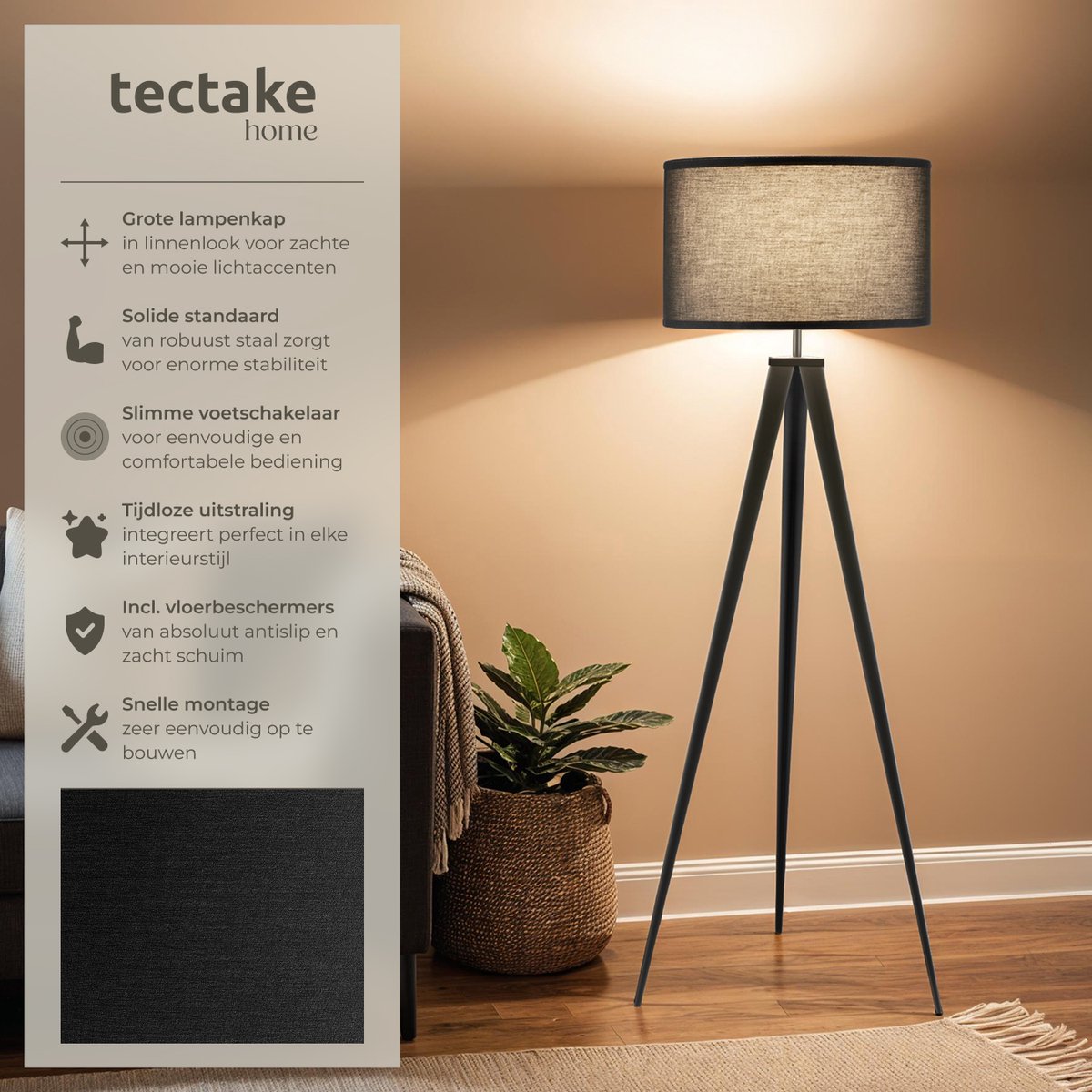 tectake® Vloerlamp - Staande lamp 3-poot - 158 cm hoog - Linnenlook kap - Voetschakelaar - Zwart