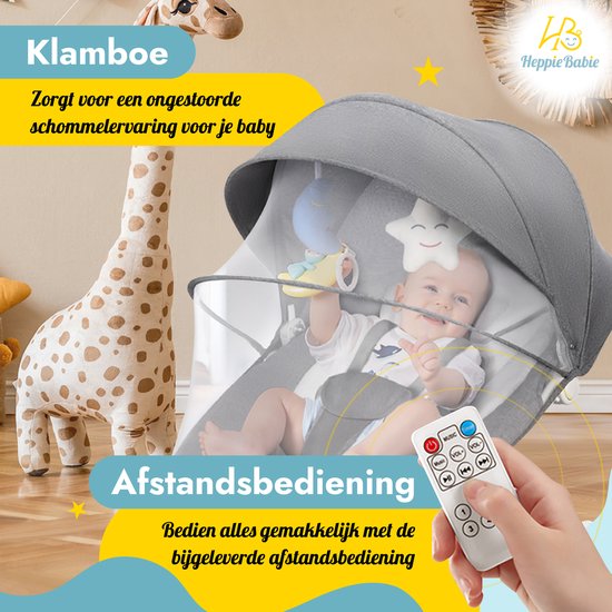 HeppieBabie Elektrische Wipstoel - Muziek en Swing Opties - 5 Punts Gordel - Babyschommel- Schommelstoel - Baby Swing - Met Ebook