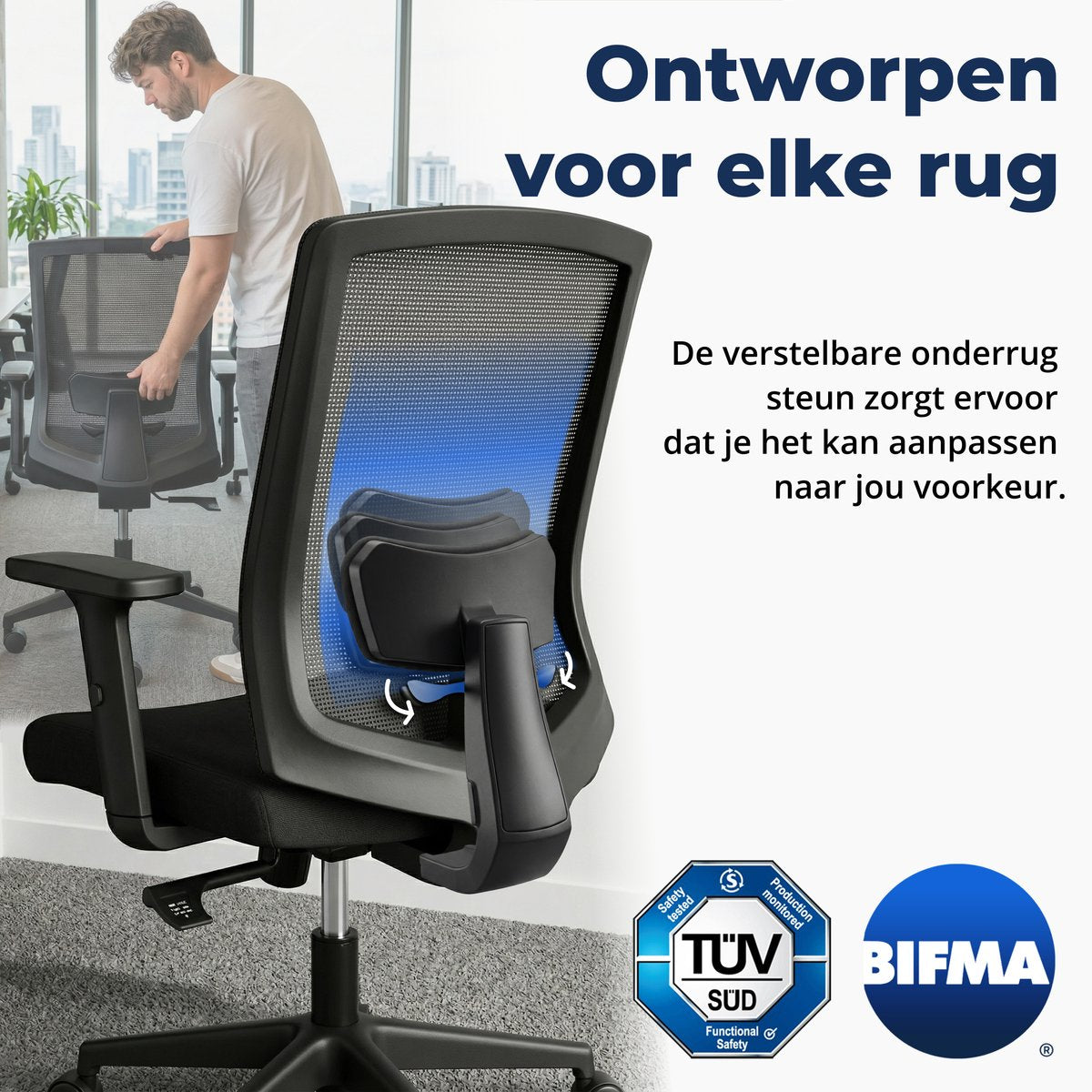Backerz Low Mesh Bureaustoel Zwart - 51 cm Zitdiepte - Ergonomisch - Tot 140 kg