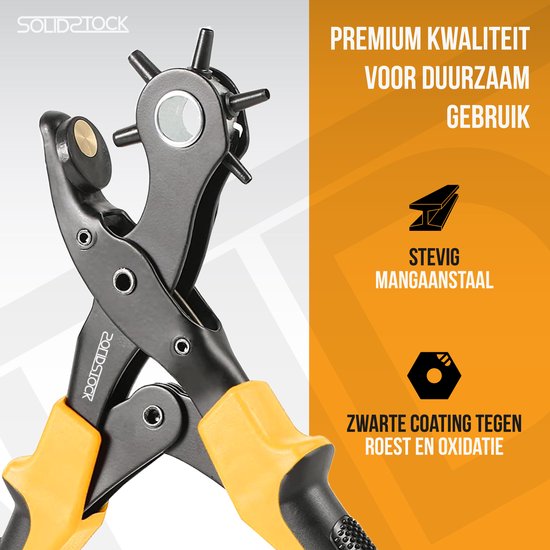 SolidStock Professionele Gaatjestang voor riem - met Gratis Meetlat - Ponstang - Revolvertang