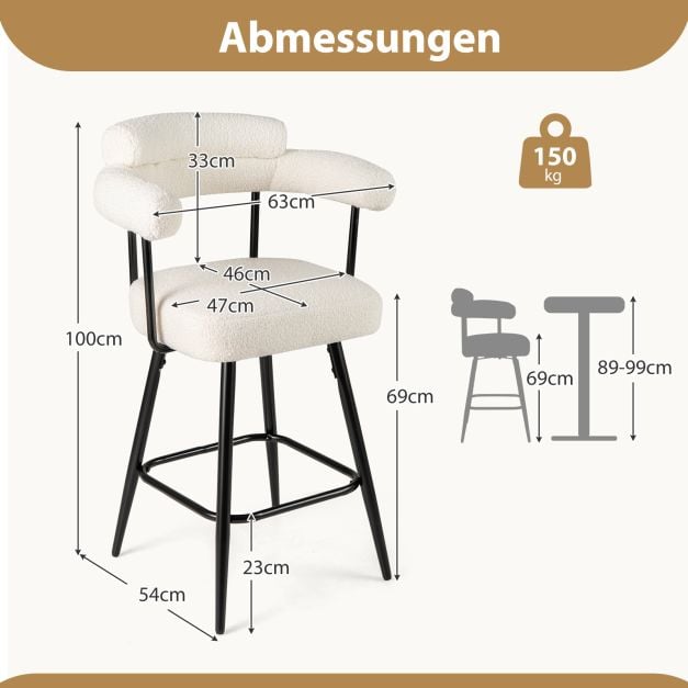 Coast Set van 2 Barkrukken - Wit/Zwart - 360° Draaibaar - Zithoogte 69 cm