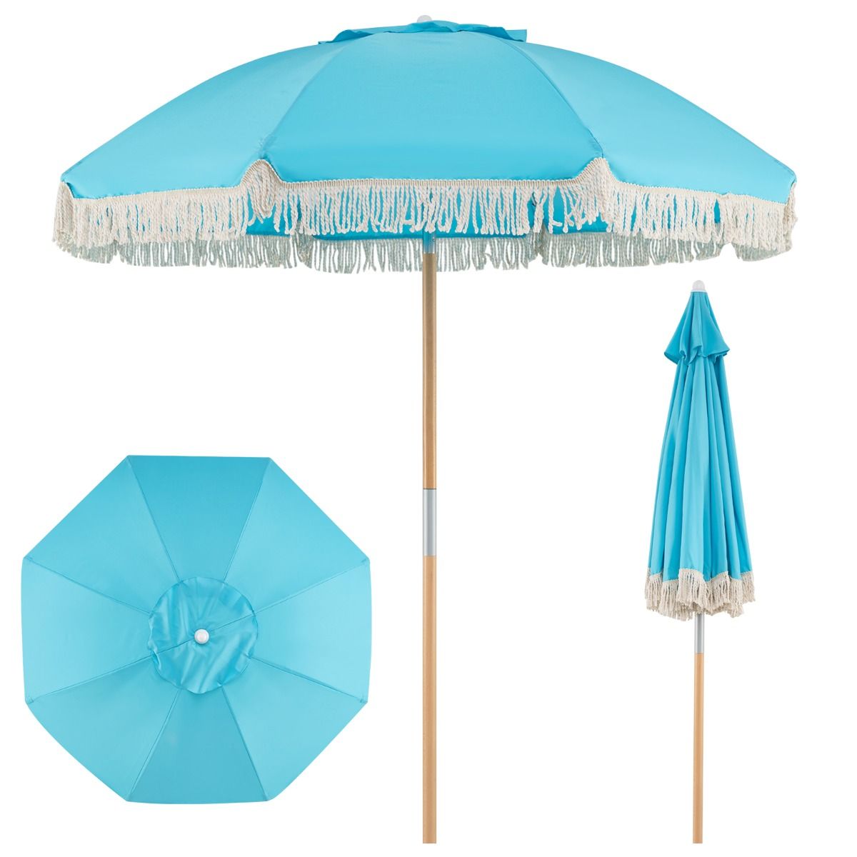 Coast tuinparasol met franjes - houten strandparasol - verstelbare hellingshoek - blauw