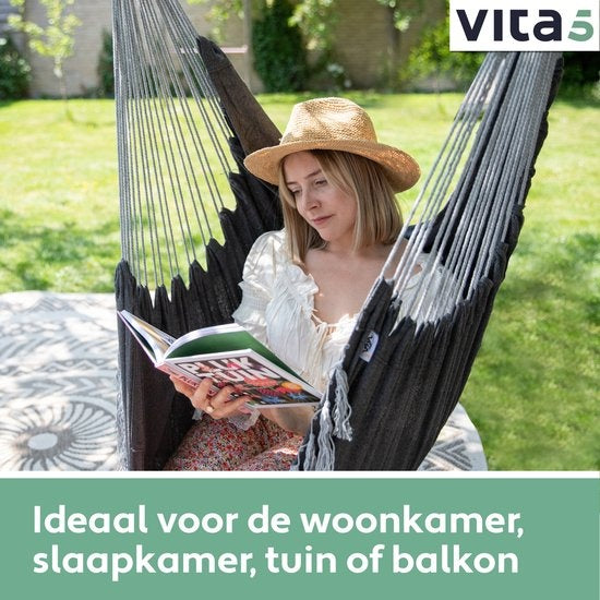 Vita5 XXL Hangstoel | Binnen&Buiten Hangnest | Incl. 2 Kussens en Boekenvak | Volwassenen&Kinderen | Hangmatstoel tot 200kg | Donkergrijs