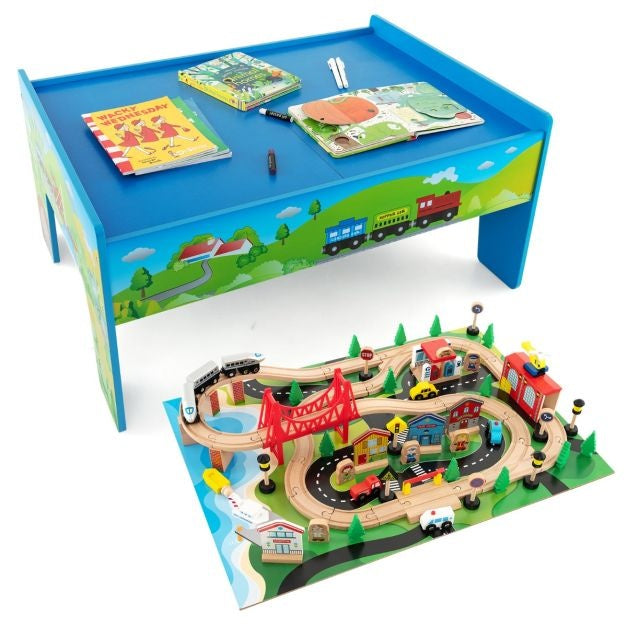 Coast Treinspeelset met Houten Tafel - 80 Delig - Dubbelzijdig Bord - 82,5 x 60 x 40 cm - MDF/Massief Hout