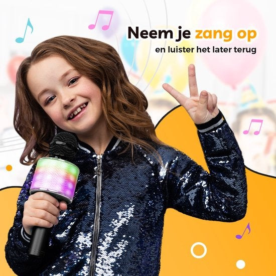 AyeKids 5-in-1 Karaoke Microfoon - Draadloos & Bluetooth – Ingebouwde Speaker & Disco Lichten – Incl. AUX-kabel - Microfoon Kinderen - Karaoke Set - Zwart