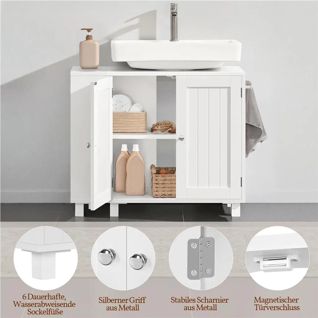 Yaheetech Wastafelonderkast 75 x 30 x 62 cm – Wit – Met 4 Vakken, Open Planken en Handdoekhouder