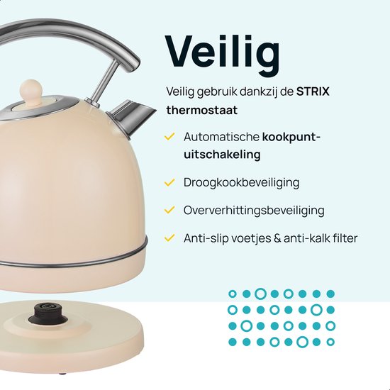 MOA Waterkoker Retro - 1,8 Liter - Elektrische Waterkoker - Anti Calcium Filter - BPA-vrij - RVS - 2200W - Crème