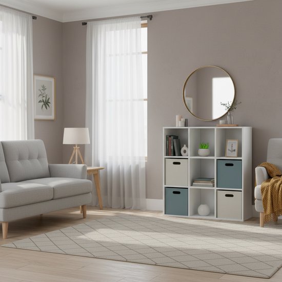 VDD – Vakkenkast incl. 5 opbergdozen – Wandkast – Vakkenkast Wit – Vakken Kast – Wandkastje – Wandkasten – Wandkasten Woonkamer – 9 Vakken – Wit