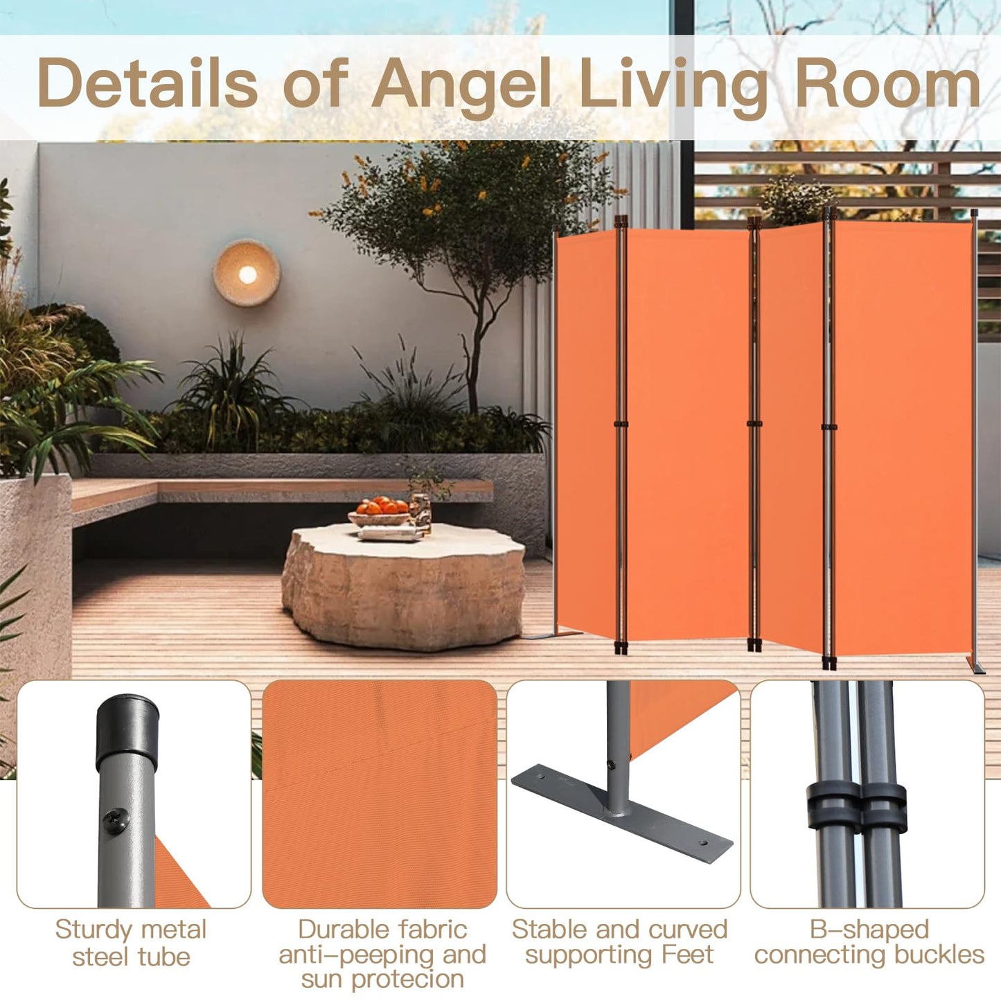 Angel Living PA3704 - Privacy scherm en ruimte verdeler - 4 panelen - Staal en polyester - Oranje