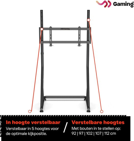 VDD Gaming - Monitor standaard - Monitorstandaard voor Sim racing - Universeel - 32" t/m 55" - Vrijstaand - Verstelbaar - Vergrendelbaar - 72 x 48 x 123 cm - 50 kg - Zwart