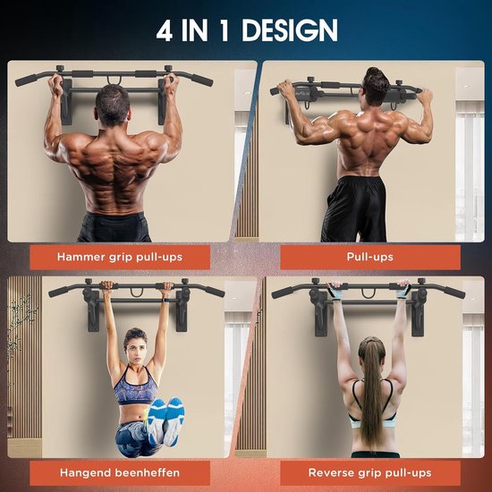 DH FitLife 4-in-1 optrekstang voor wandmontage met spreidplug, multifunctionele pull-up bar voor thuis tot 200 kg | 6 antislip handgrepen | 3 ogen voor bokszak & slingtrainer | veilig en stabiel