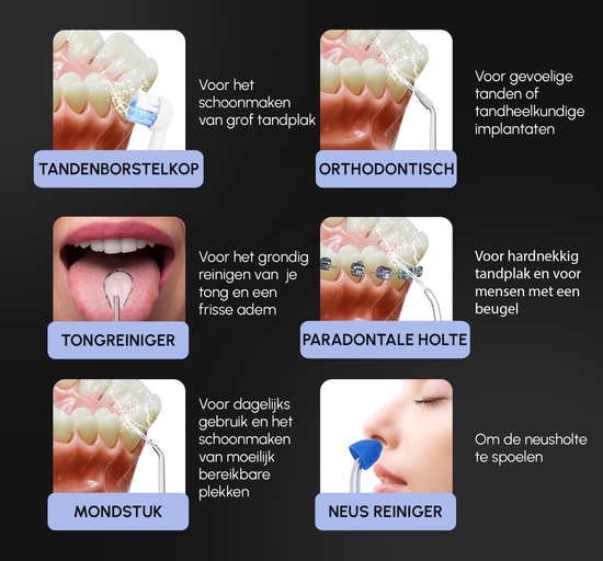 Waterflosser Dentect - Neusdouche - Monddouche - Tongreiniger - 9 standen - Tandplak verwijderaar - Extra Opzetstukken - Beugel schoonmaken - Tandsteenverwijderaar