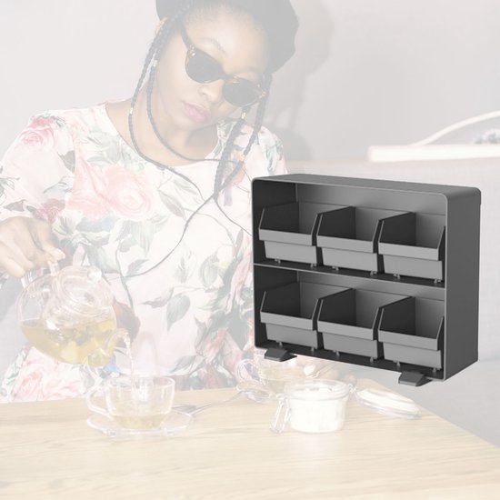 BRASQ Thee Organizer Zwart TB100 - Theedoos 6 vaks - keukenorganizer - Theedoos - Theezakjeshouder - Ruimtebesparend Opbergsysteem