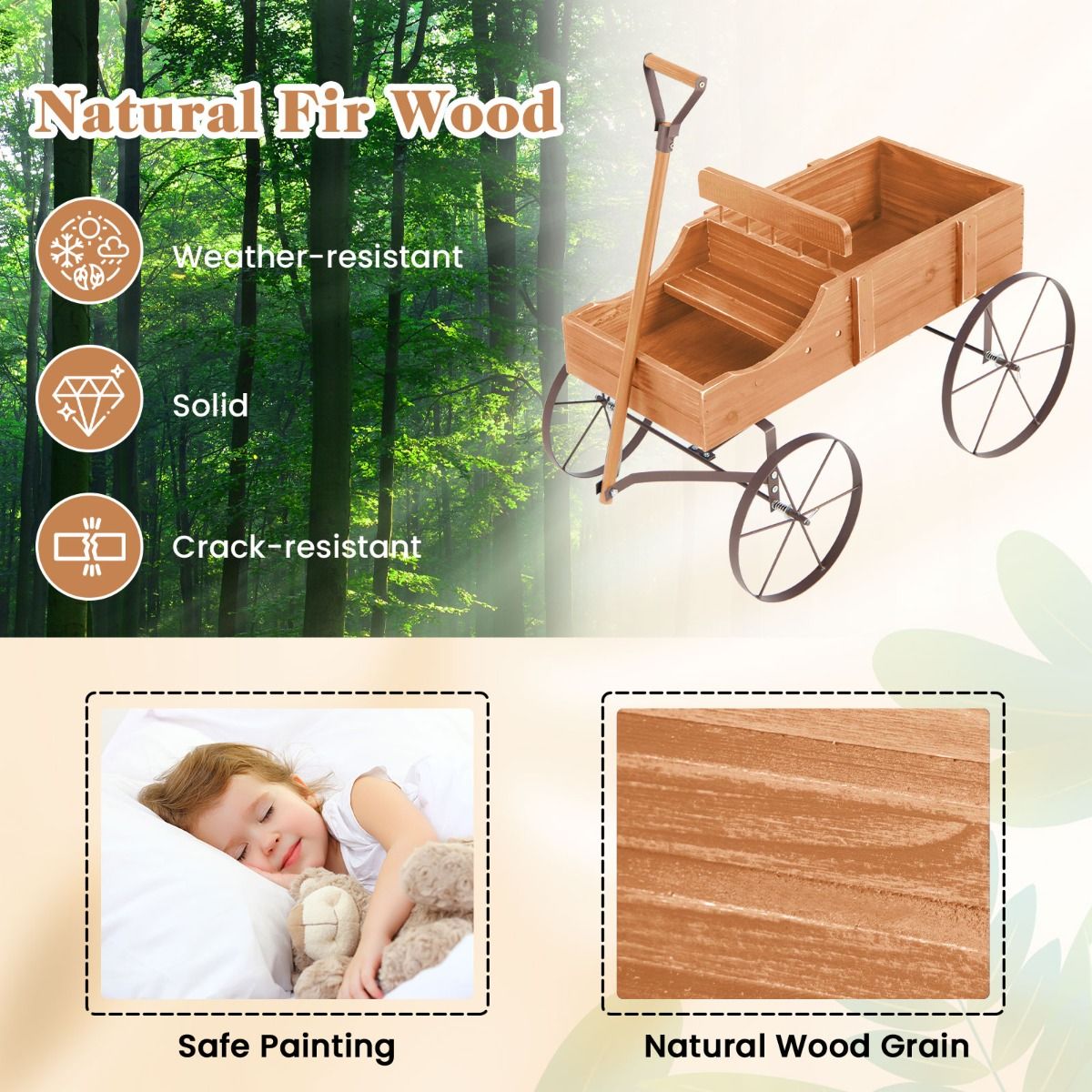 Coast Houten Plantenwagen met 2 Secties en Wielen - 62x34x61 cm - Oranje