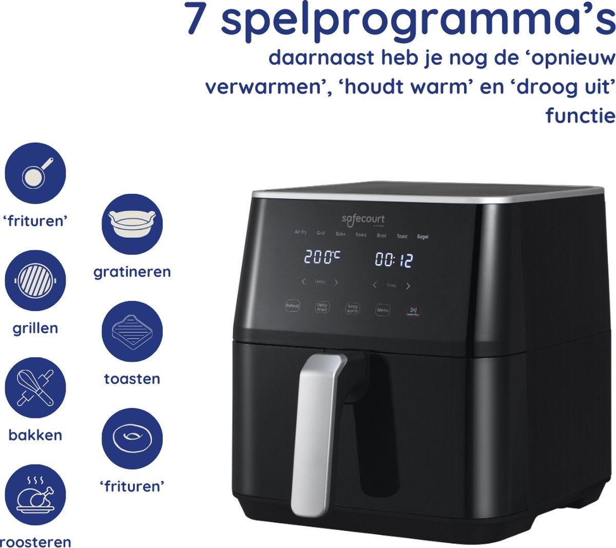 Safecourt Kitchen Airfryer - Heteluchtfriteuse - 1700W - 5L Inhoud - 40ºC tot 200ºC - Zwart
