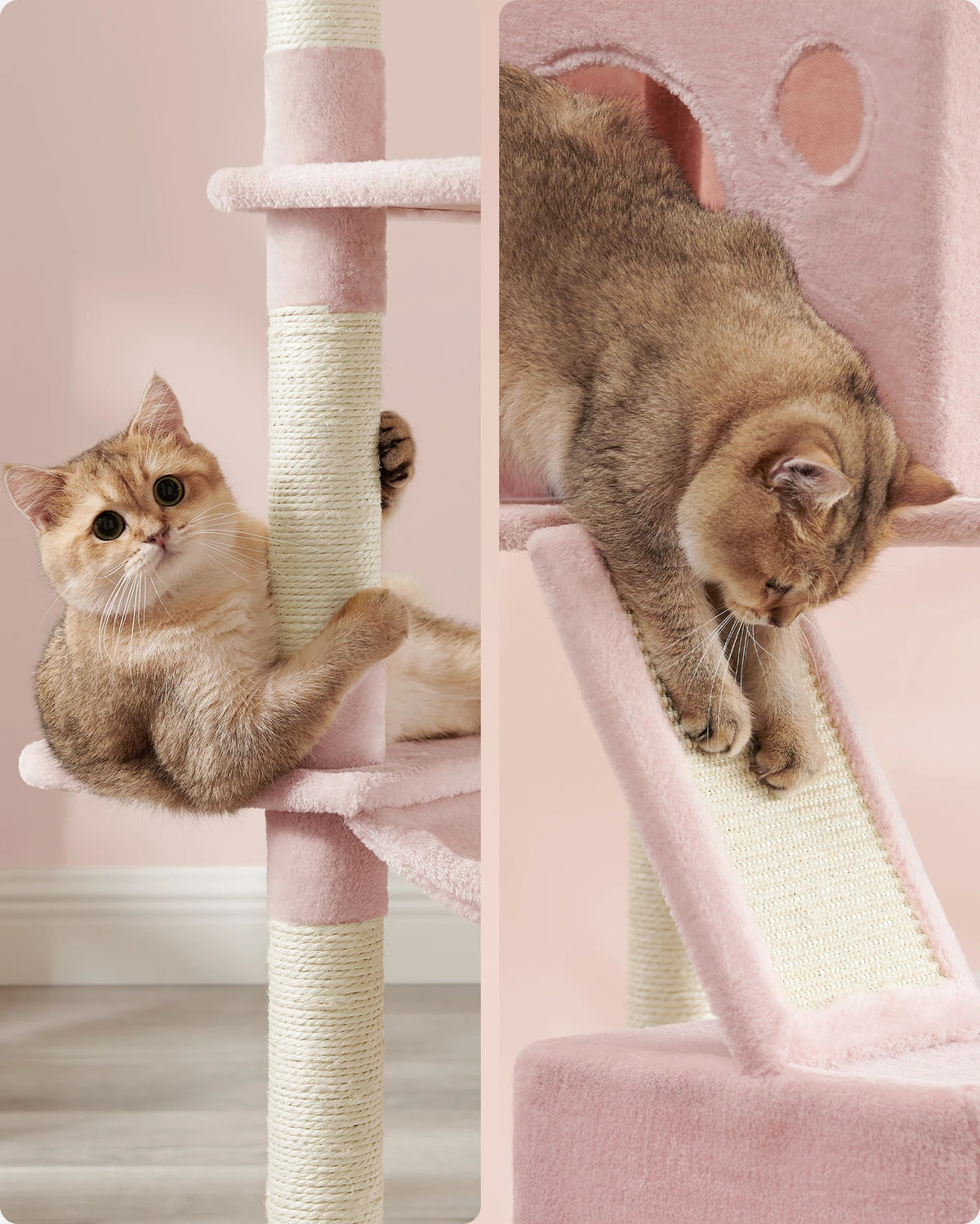 Joyfurnos Krabpaal 206 cm - XXL Kattentoren met 13 Krabstammen, 2 Kattenhuisjes & Hangmat - Roze