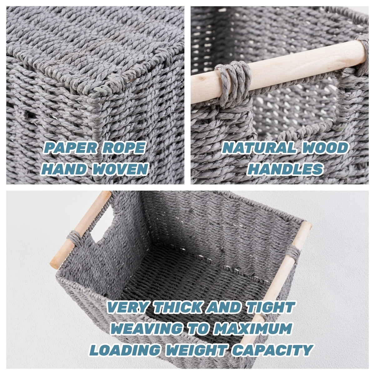 KEVAHOME Handgeweven Opbergmanden met Houten Handgrepen - Set van 3 - Natuurlijk en Decoratief