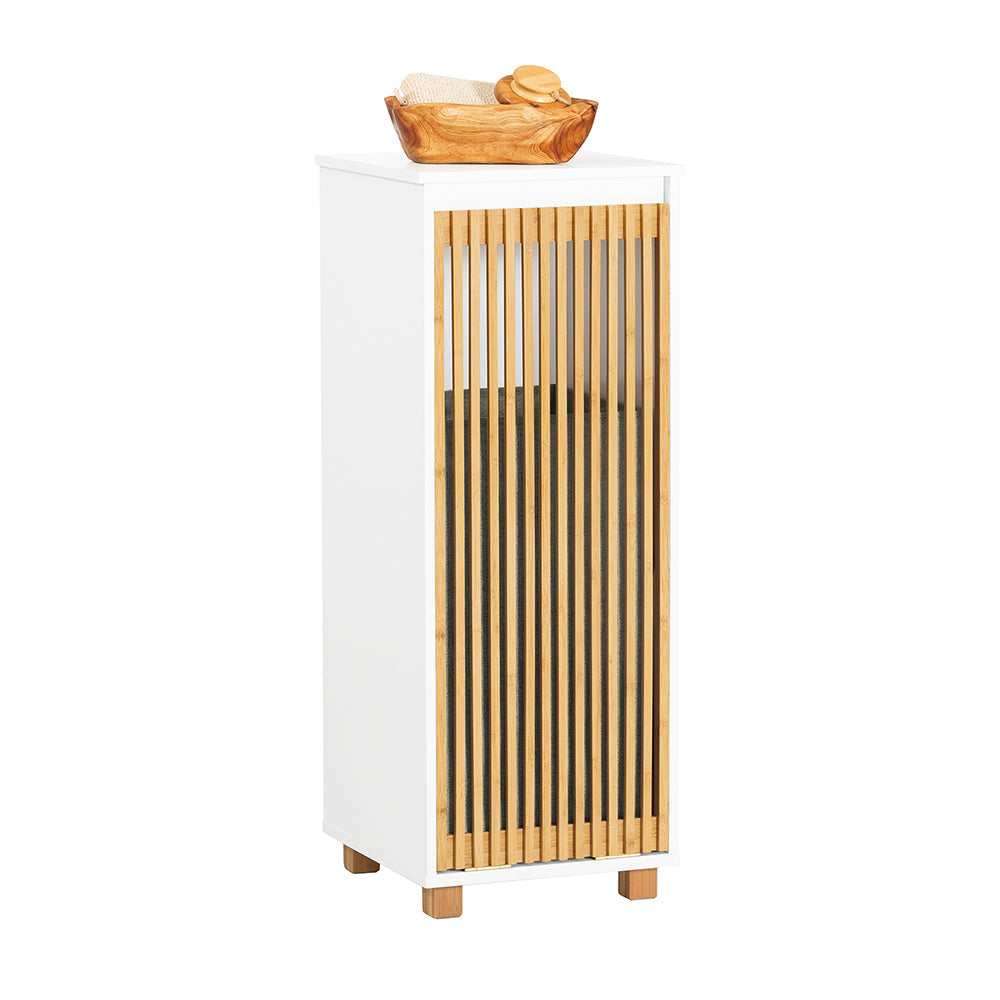 SoBuy Staande Badkamerkast - Smal Badkamerkastje - 1 Kantelbare wasmand - 1 Bamboe deur - 32 x 33 x 85 cm - Wit