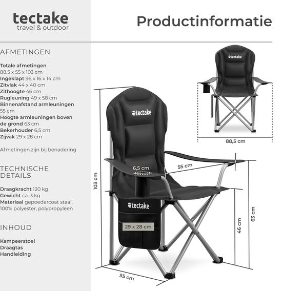 tectake® Campingstoel - Kampeerstoel - Opvouwbare stoel - Inclusief bekerhouder, opbergvak en draagtas - Luxe outdoorstoel - Glampingstoel