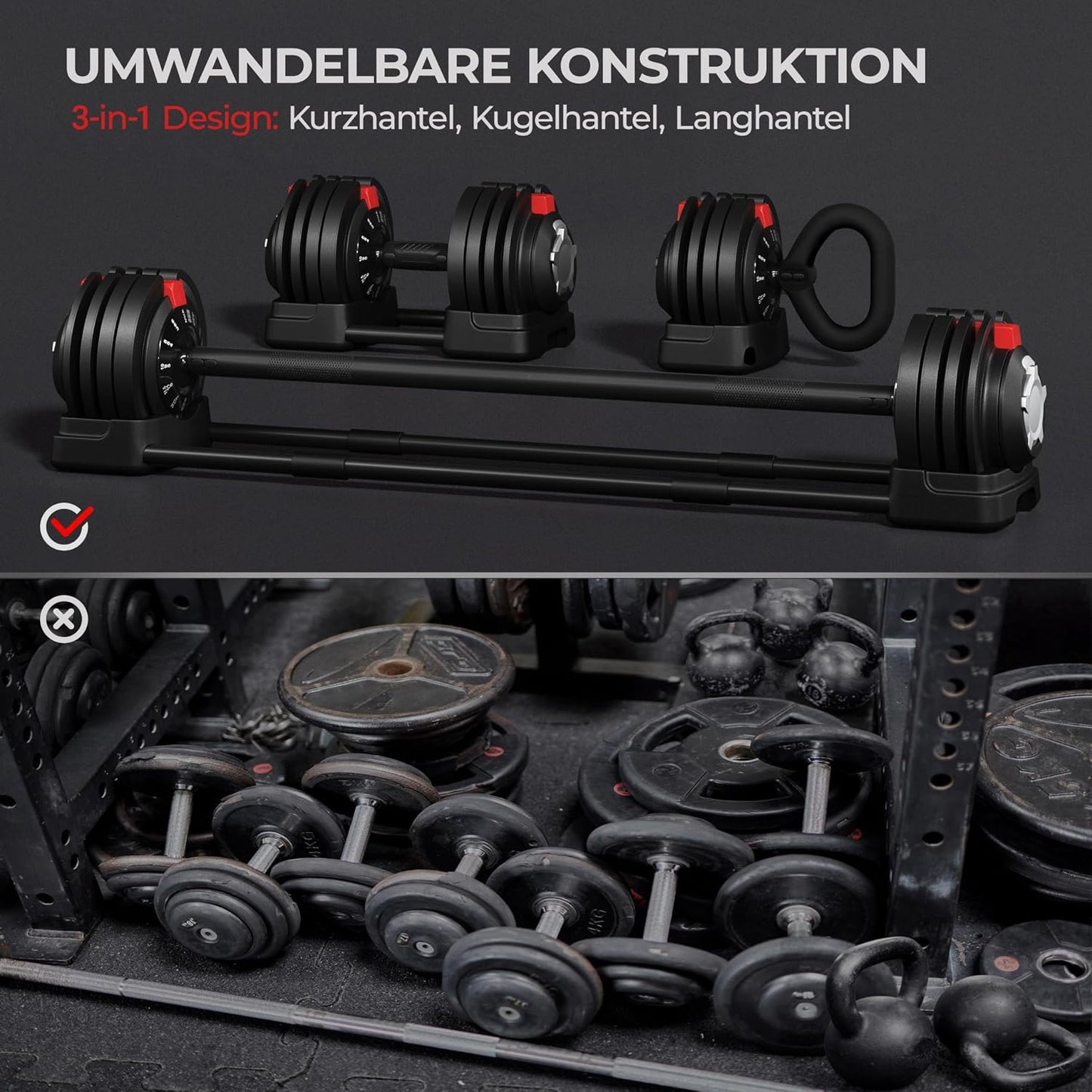 Yaheetech Verstelbare Halterset - 18/24/40 kg - 3-in-1 - 12 Gewichtsstanden - Korte Halter, Kettlebell en Lange Halter