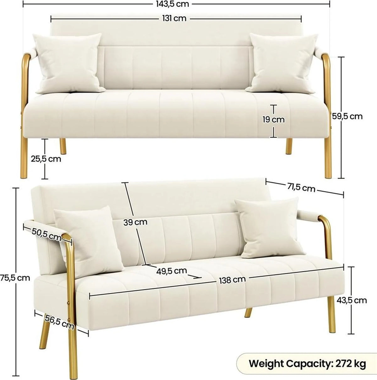 2-zits Gestoffeerde Bank met Armleuningen en Metalen Poten Beige 143,5 × 71,5 × 75,5 cm