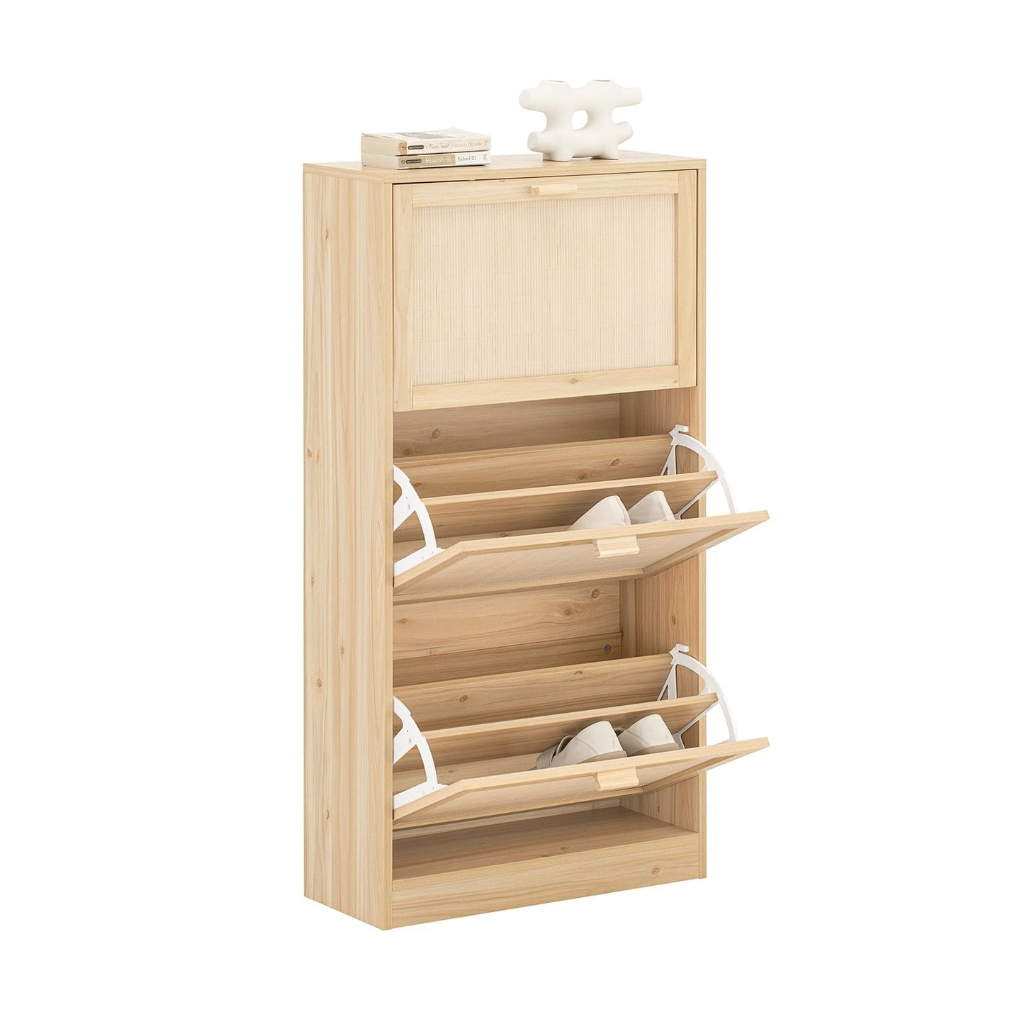 SoBuy Schoenenkast met 3 kleppen - schoenenkist - schoenenrek - schoenenopbergmeubel met 3 deuren - gangmeubel - 60x24x118 cm - houtkleur