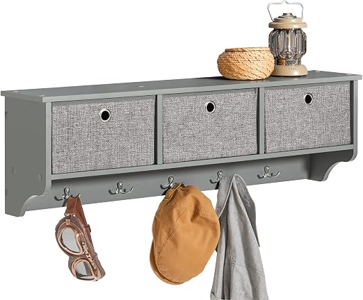 SoBuy FRG282-HG Wandkapstok – 3 Manden & 5 Haken – Grijs – 100 x 20 x 31 cm
