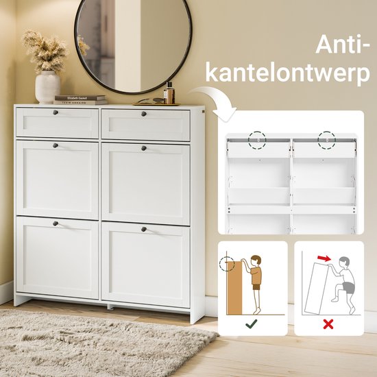 SoBuy Schoenenkast voor ingang, schoenenkast met 2 laden en 4 opklapbare deuren, praktische opslag voor 12 paar schoenen, wit, MDF E1, ideaal voor kleine ruimtes - FSR208-W