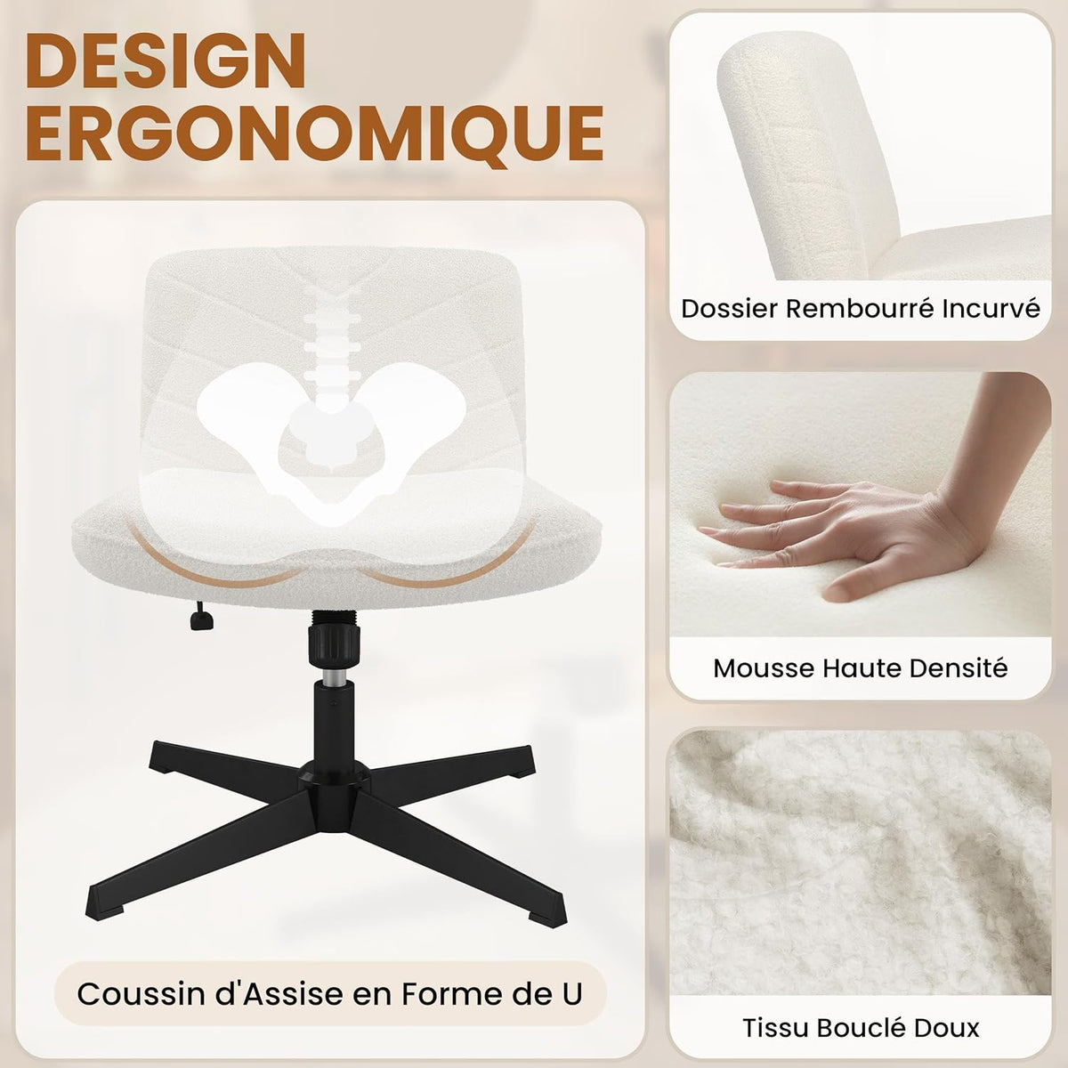 Yaheetech Ergonomische Bureaustoel - Ivoor - Bouclé - Verstelbare Zithoogte - 360° Draaibaar - Kruisvoet