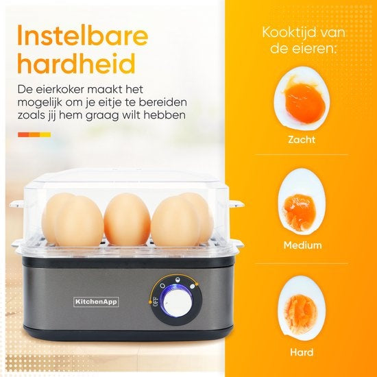 KitchenApp Eierkoker elektrisch - Geschikt voor 8 eieren - Met timer - Inclusief maatbekertje - Zilvergrijs