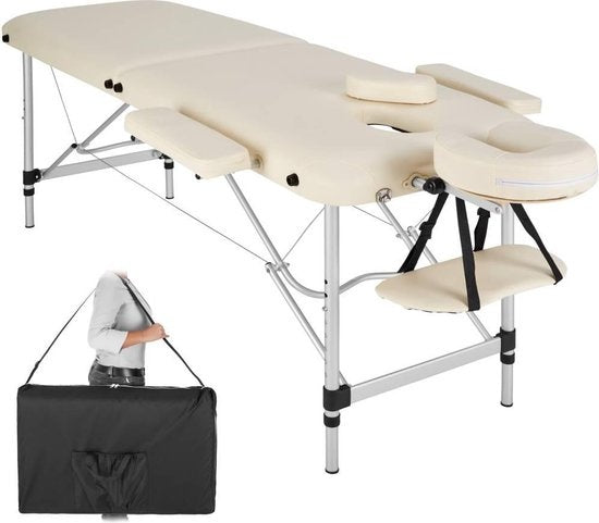 tectake® - aluminium massagetafel 2 zones, massagetafel 4cm matras, opvouwbare massagetafel, in hoogte verstelbare aluminium massagetafel, draagbare massagetafel inclusief accessoires, aluminium hoofdsteun, armleuning en draagtas - beige