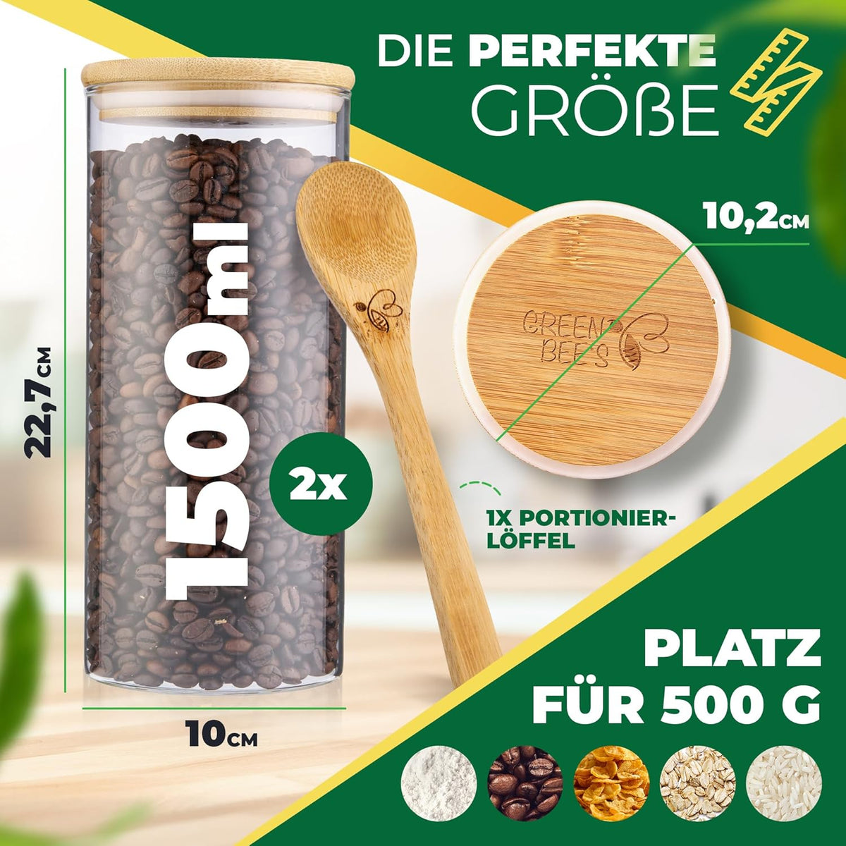 GREEN BEE`S voorraadpot groot - 2x1500ml Nieuw model - Perfect voor lade & apothekerskast - Duurzame voorraadpotten met luchtdichte deksels - Voor bloem, suiker, pasta, koffie & havermout