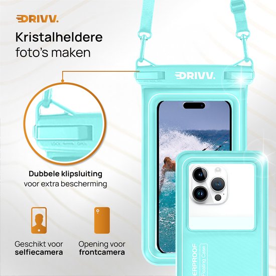 Drivv. Luxe Waterdicht Telefoonhoesje – Drijvend - Dubbele Klipsluiting - Telefoons tot 6.8 inch – Onderwater Hoesje Telefoon - Blauw