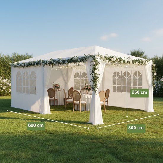 Kinzo Partytent 3x6 m - Tent Paviljoen voor 70 Personen - Tuinpaviljoen met 6 Zijwanden - Tuintent met Nokhoogte 2.5m - Feesttent Waterdicht en UV Bestendig - Wit
