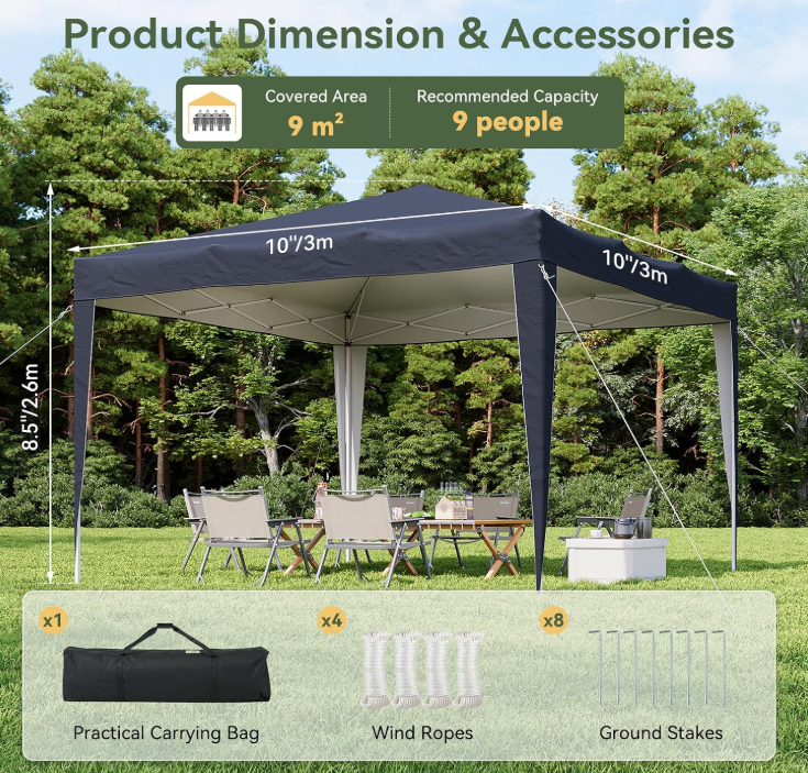 Aoxun Pop Up Gazebo Partytent - Blauw - 3 x 3 x 2,6 m - Metalen Frame, Inclusief Draagtas