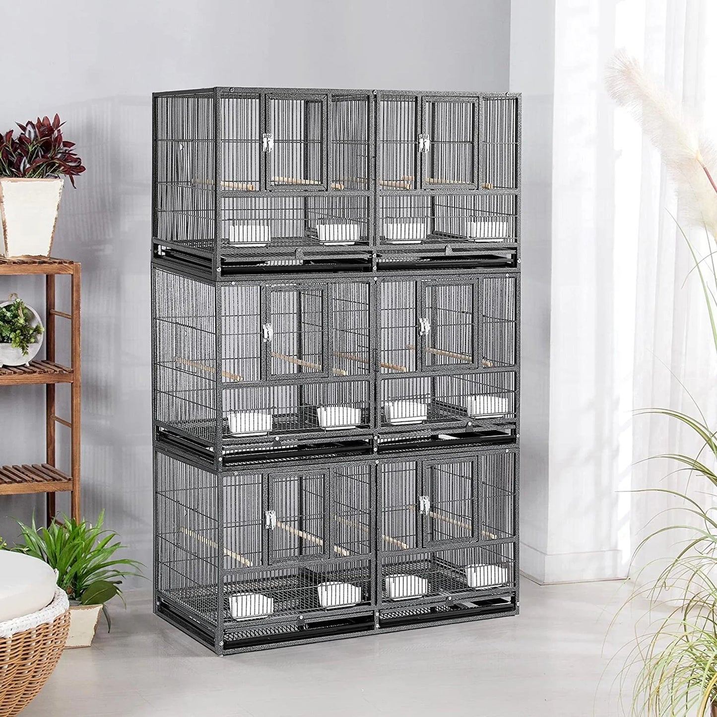 Yaheetech Vogelkooi Met Tussenschot – Voorzien Van 1 cm Tralieafstand En 4 Voerbakjes En Uitneembare Bodemlade – Voor Parkieten En Kanaries – Zwart Gepoedercoat Metaal – 95,5 x 45,5 x 105 cm