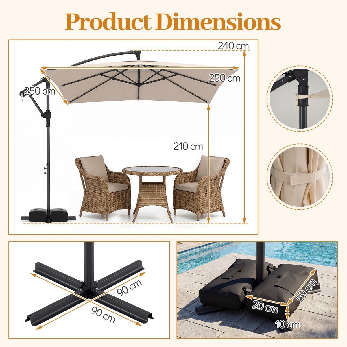 Coast Vierkante Hangparasol - 360° draaibaar - slingermechanisme - beige 250 x 250 cm