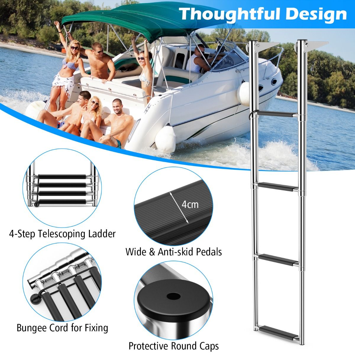 Coast Telescopische Bootladder 4-Traps - Antislip - RVS - 227kg Capaciteit - Zilverkleurig