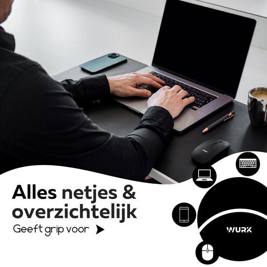 WURK Professionele Bureau Onderlegger Kunstleer – Bureau Organizer – Bureau Accessoires – Muismat XXL– Inclusief Kabel Clip – 90x45 – zwart