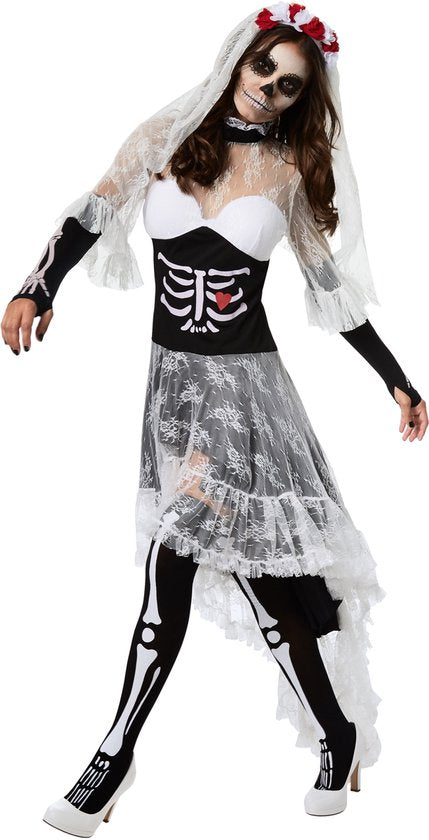 Dressforfun Griezelige skeletbruid L - verkleedkleding kostuum halloween verkleden feestkleding carnavalskleding carnaval feestkledij partykleding - 302007