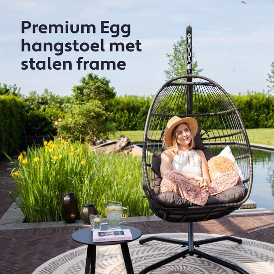 Vita5 Egg Hangstoel – Binnen en Buiten – Cocoon Stoel - met Standaard - tot 150kg – Opvouwbaar - Incl. Kussen – Donkerbruin