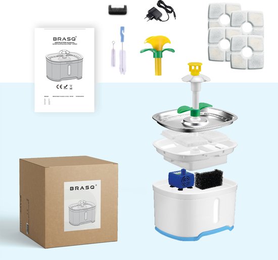 BRASQ Drinkfontein kat en hond 2,5 Liter - Waterfontein - Kattenfontein - Waterdispenser - Dieren drinkbak - Wit - BPA vrij - geruisloos - Inclusief 4 reservefilters + accessoires