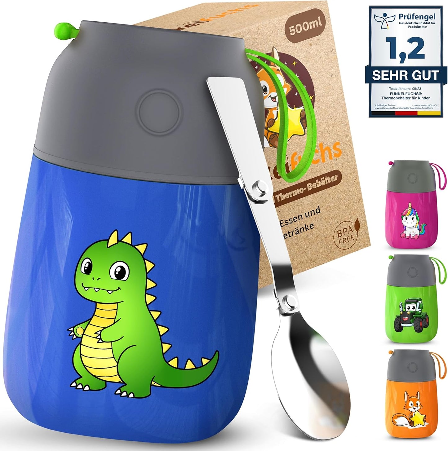 Funkelfuchs Thermobeker voor kinderen RVS - 100% Lekvrij - 500ml - Blauw