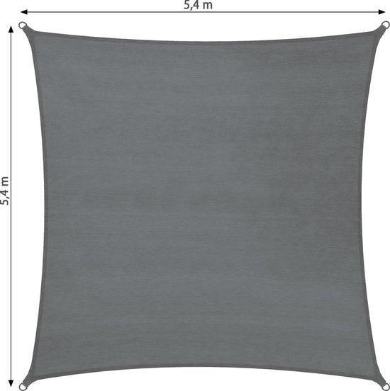 tectake® - Zonnescherm - Schaduwdoek - Vierkante Zonneluifel - Tarp Met UV-bescherming 50+ - Scheurvast - Inclusief spankabels, eenvoudige bevestiging - 5,4 x 5,4 m - Grijs