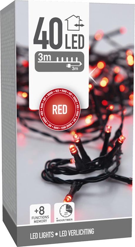 Kerstverlichting 40 led- 3m - rood - Timer - Lichtfuncties - Geheugen - Buiten-Binnen