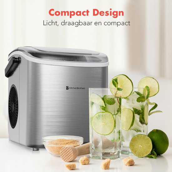 KitchenBrothers IJsblokjesmachine - 1.2L - IJsklontjes maker - IJsschep – 12kg/24 uur – Draagbaar – Zelfreinigingsfunctie - RVS